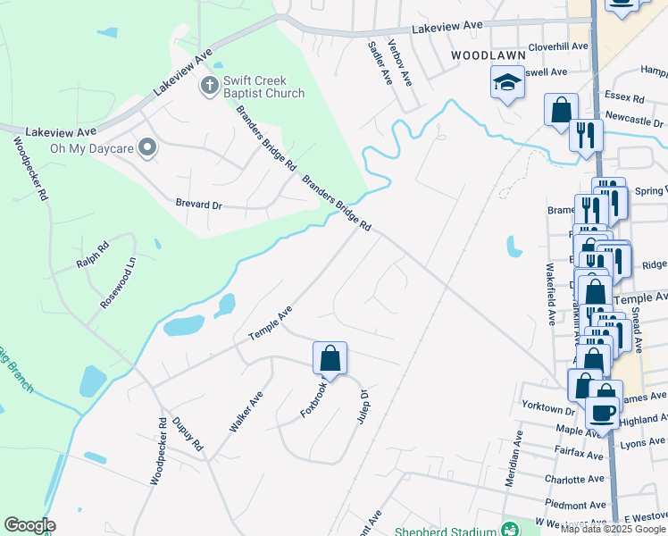 map of restaurants, bars, coffee shops, grocery stores, and more near 19205 Temple Avenue in Ettrick