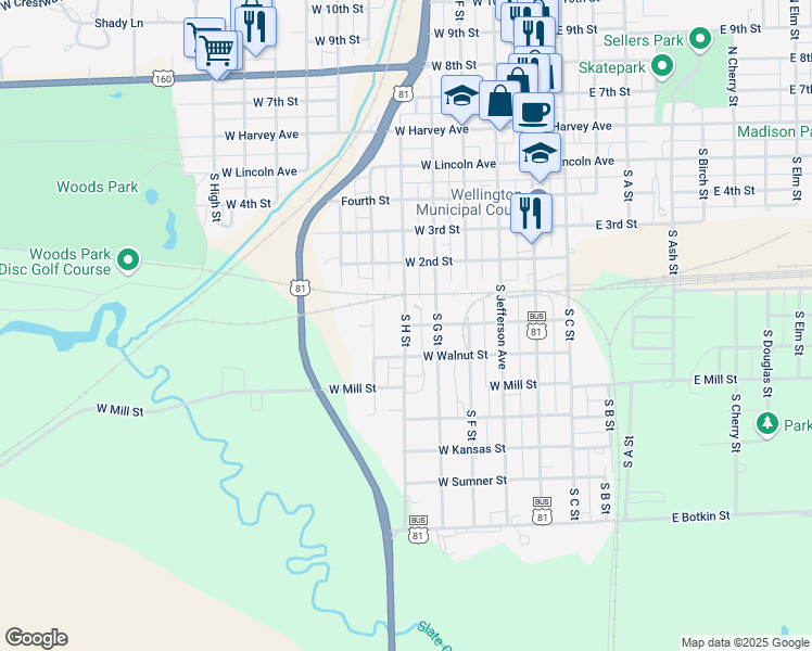 map of restaurants, bars, coffee shops, grocery stores, and more near 699 S H St in Wellington