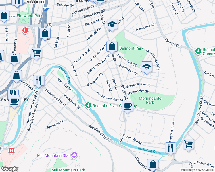 map of restaurants, bars, coffee shops, grocery stores, and more near 1527 7th Street Southeast in Roanoke