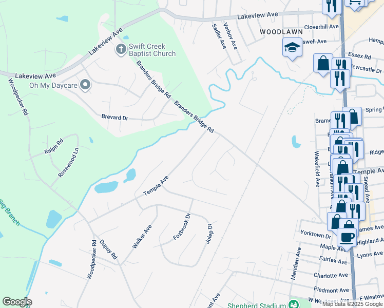 map of restaurants, bars, coffee shops, grocery stores, and more near 19205 Temple Avenue in Ettrick