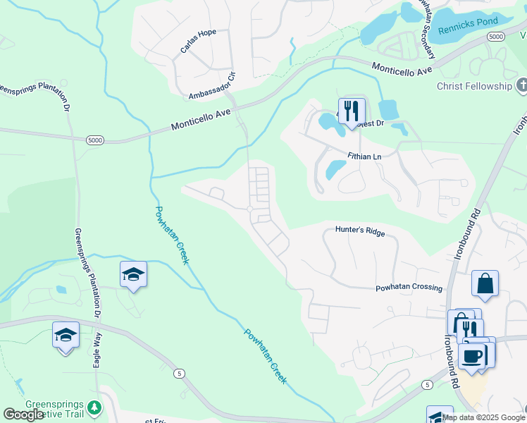 map of restaurants, bars, coffee shops, grocery stores, and more near 4108 Poggio Field in Williamsburg