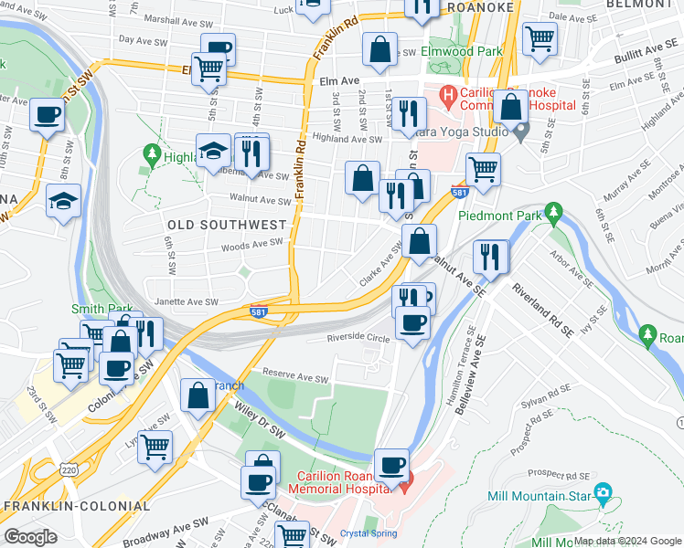 map of restaurants, bars, coffee shops, grocery stores, and more near 1402 Maple Avenue Southwest in Roanoke