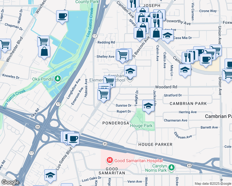 map of restaurants, bars, coffee shops, grocery stores, and more near 3817 Starview Drive in San Jose
