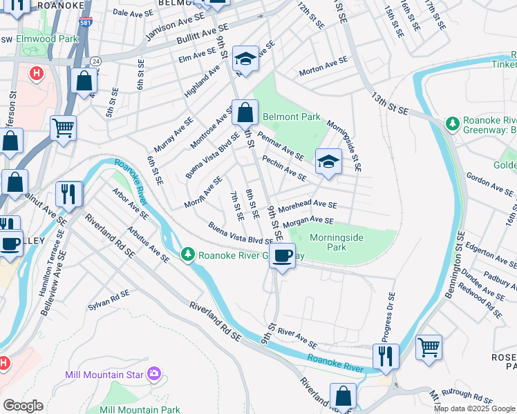 map of restaurants, bars, coffee shops, grocery stores, and more near 1538 8th Street Southeast in Roanoke