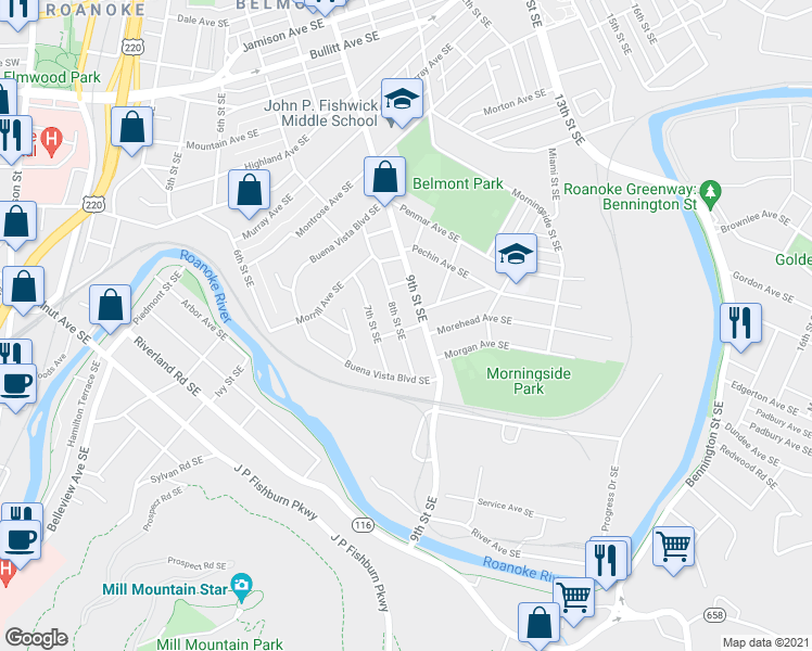 map of restaurants, bars, coffee shops, grocery stores, and more near 1538 8th Street Southeast in Roanoke