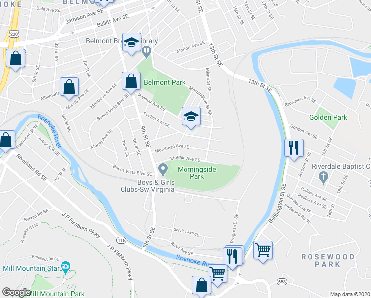 map of restaurants, bars, coffee shops, grocery stores, and more near 1015 Morehead Avenue Southeast in Roanoke