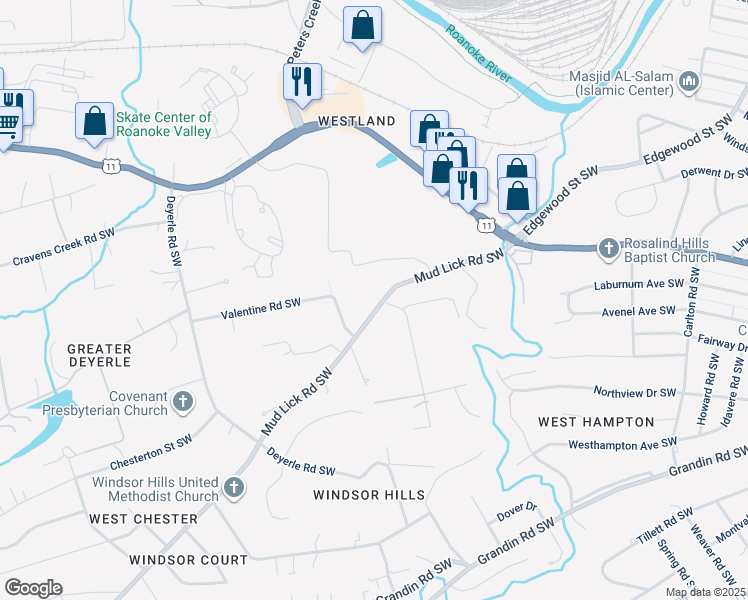 map of restaurants, bars, coffee shops, grocery stores, and more near 3307 Mud Lick Road Southwest in Roanoke