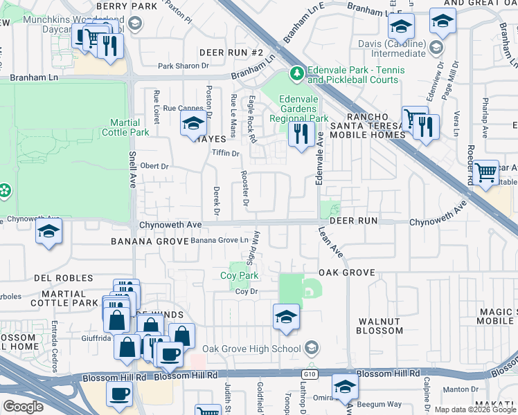 map of restaurants, bars, coffee shops, grocery stores, and more near 5281 Rio Lobo Drive in San Jose