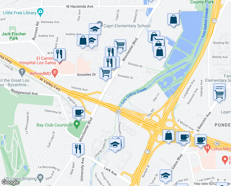 map of restaurants, bars, coffee shops, grocery stores, and more near 200 Winchester Circle in Los Gatos