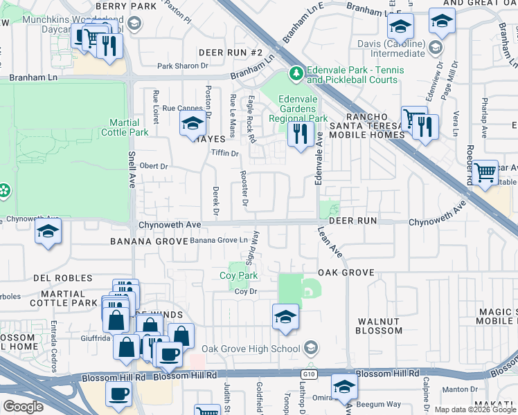 map of restaurants, bars, coffee shops, grocery stores, and more near 5281 Rio Lobo Drive in San Jose