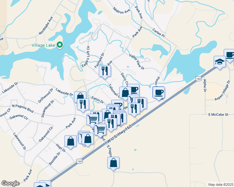 map of restaurants, bars, coffee shops, grocery stores, and more near 301 Talisman Drive in Pagosa Springs