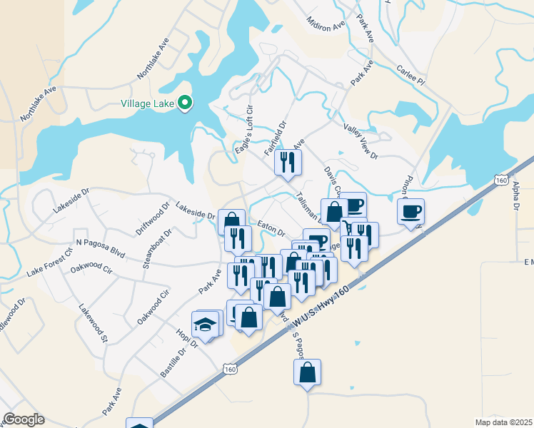 map of restaurants, bars, coffee shops, grocery stores, and more near Eaton Drive in Pagosa Springs