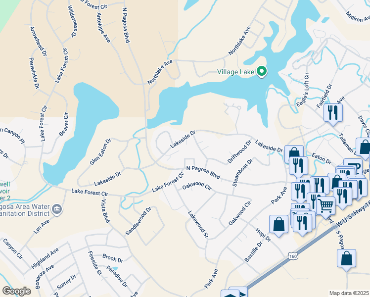map of restaurants, bars, coffee shops, grocery stores, and more near North Lakeview Estates Road in Pagosa Springs