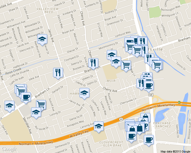 map of restaurants, bars, coffee shops, grocery stores, and more near 4645 Cherry Avenue in San Jose