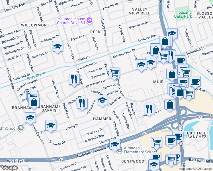 map of restaurants, bars, coffee shops, grocery stores, and more near 1358 Branham Lane in San Jose