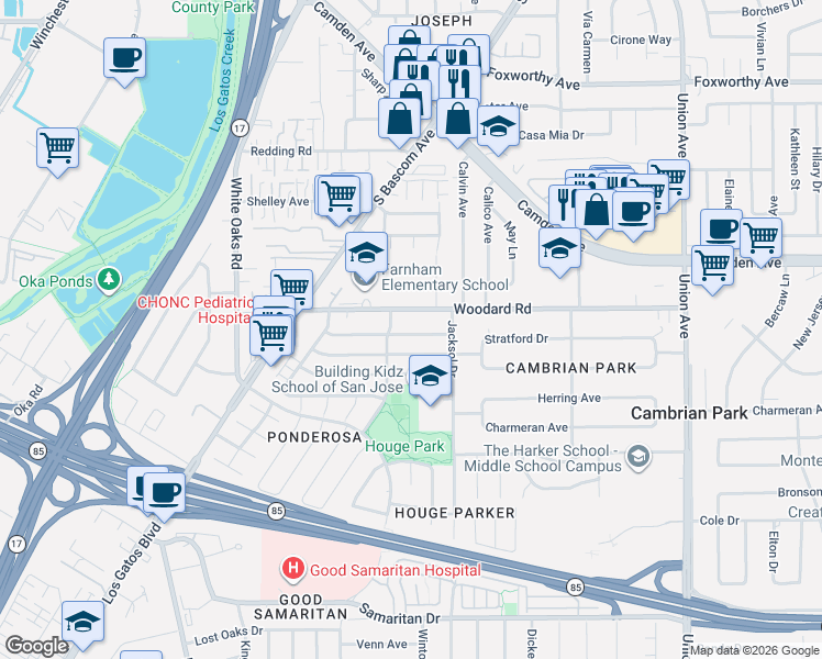 map of restaurants, bars, coffee shops, grocery stores, and more near 2292 Woodard Road in San Jose