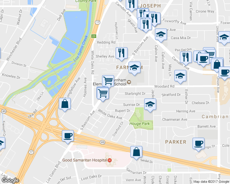 map of restaurants, bars, coffee shops, grocery stores, and more near 3725 Starview Drive in San Jose