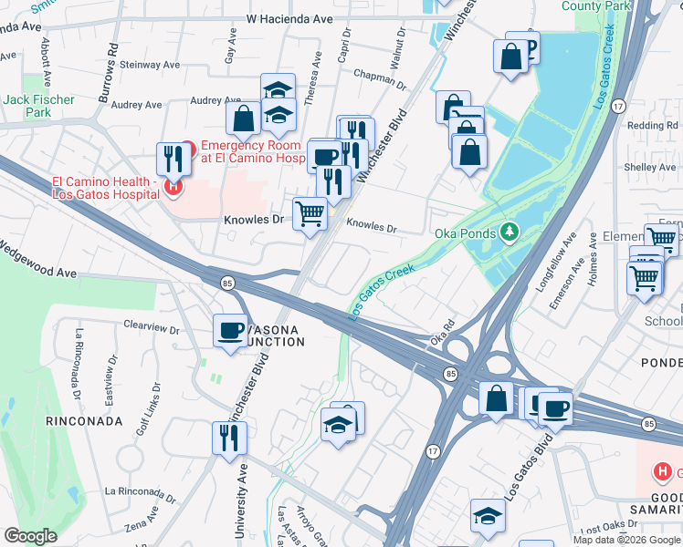 map of restaurants, bars, coffee shops, grocery stores, and more near 200 Winchester Circle in Los Gatos