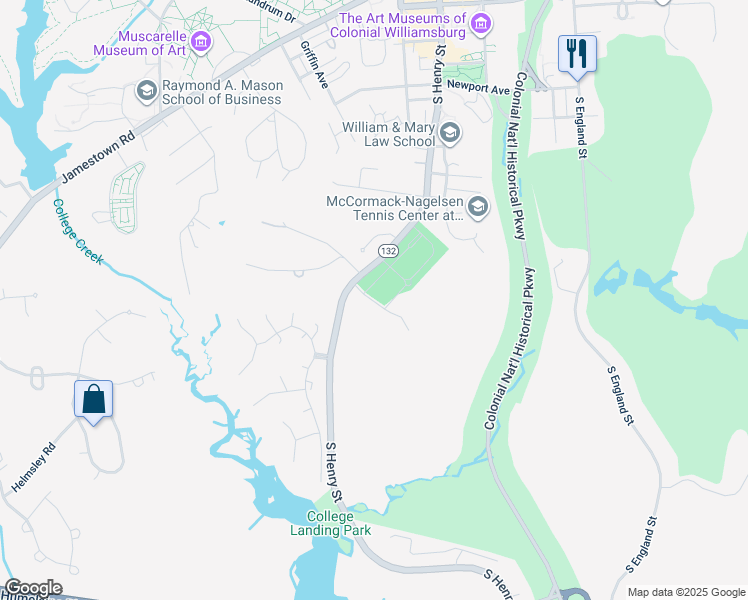 map of restaurants, bars, coffee shops, grocery stores, and more near 111 Duck Blind Way in Williamsburg