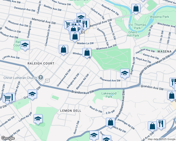 map of restaurants, bars, coffee shops, grocery stores, and more near 1700-1798 Sherwood Avenue Southwest in Roanoke