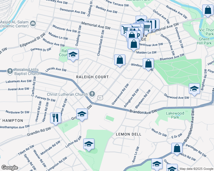 map of restaurants, bars, coffee shops, grocery stores, and more near 1837-1857 Grandin Road Southwest in Roanoke