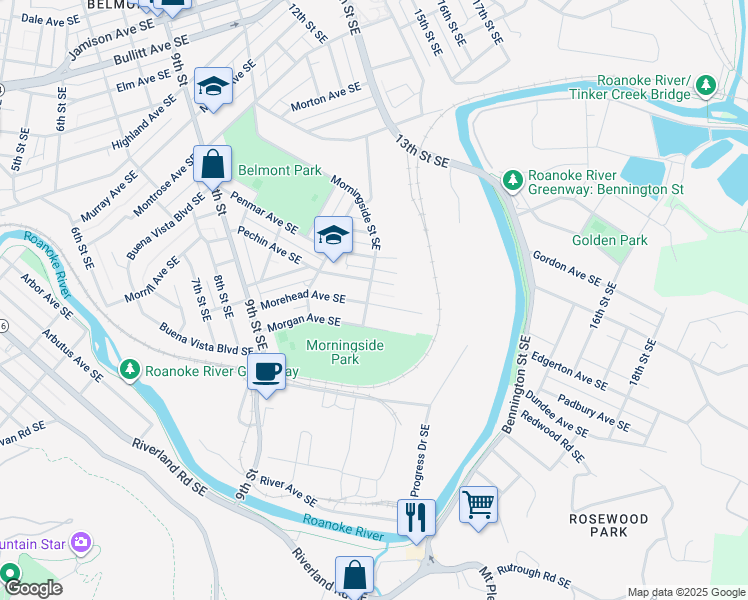 map of restaurants, bars, coffee shops, grocery stores, and more near 1106 Morehead Avenue Southeast in Roanoke
