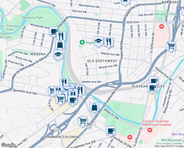 map of restaurants, bars, coffee shops, grocery stores, and more near 519 King George Avenue Southwest in Roanoke