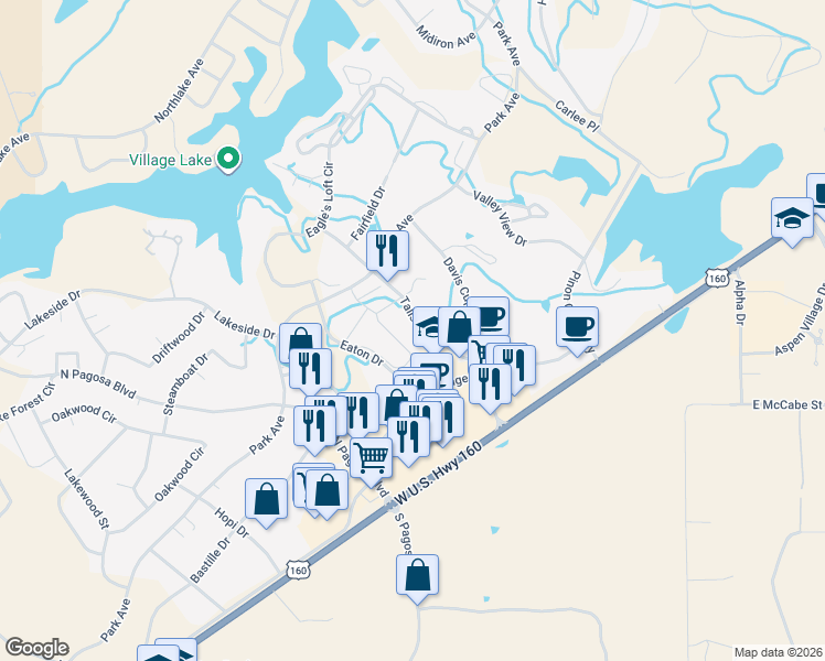 map of restaurants, bars, coffee shops, grocery stores, and more near 302 Talisman Drive in Pagosa Springs
