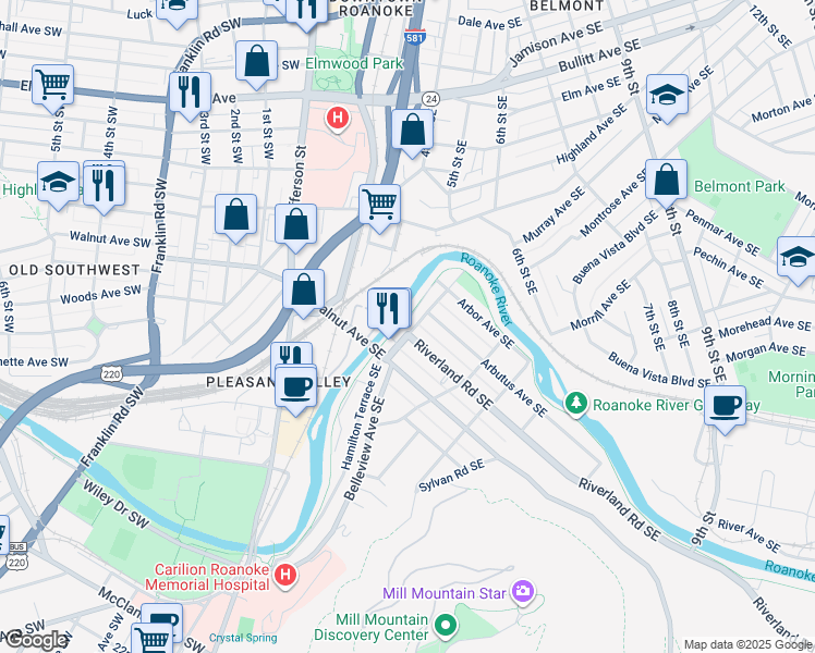 map of restaurants, bars, coffee shops, grocery stores, and more near 1003 Piedmont Street Southeast in Roanoke