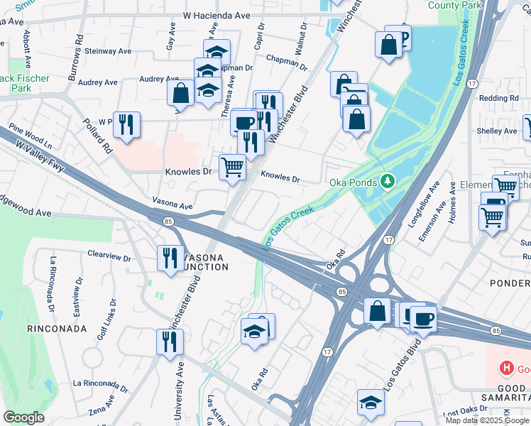 map of restaurants, bars, coffee shops, grocery stores, and more near 200 Winchester Circle in Los Gatos