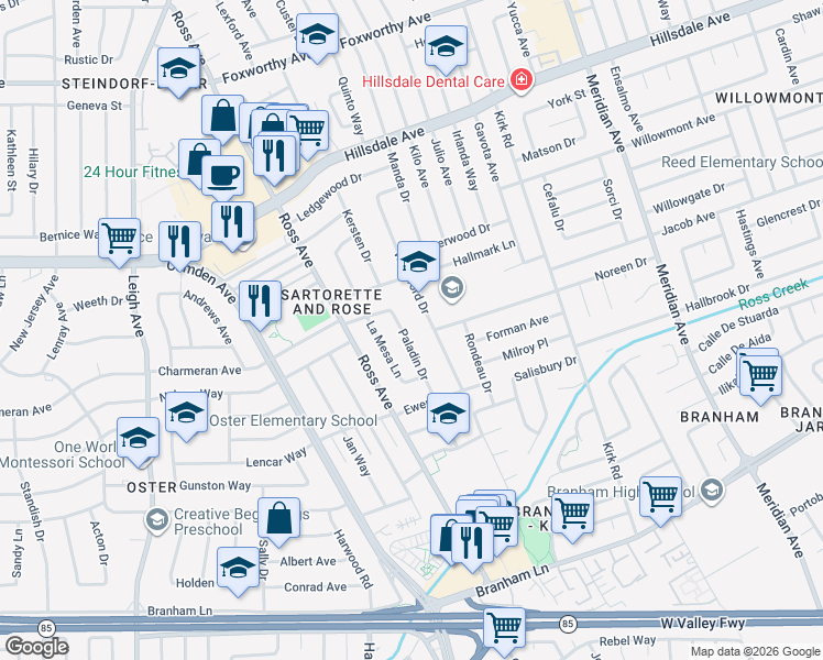 map of restaurants, bars, coffee shops, grocery stores, and more near 3942 Paladin Drive in San Jose