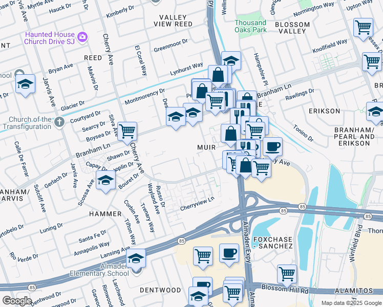 map of restaurants, bars, coffee shops, grocery stores, and more near 4970 Cherry Avenue in San Jose