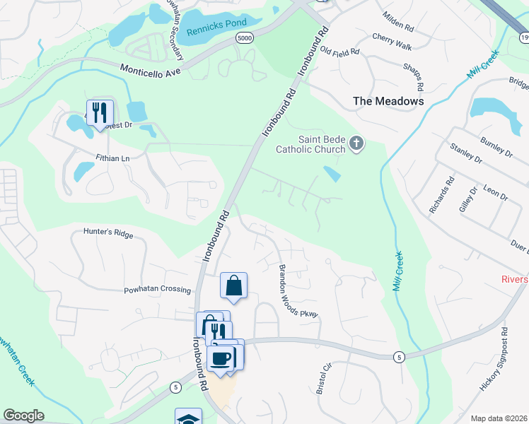 map of restaurants, bars, coffee shops, grocery stores, and more near 4524 The Foxes in Williamsburg