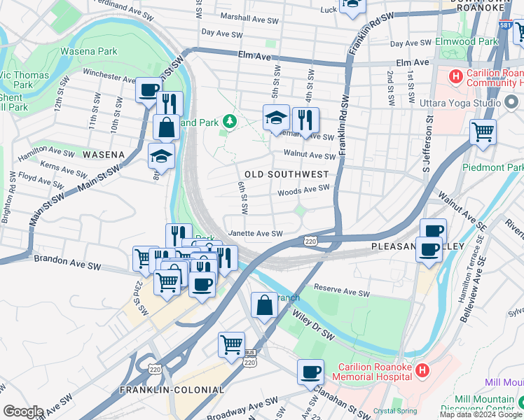 map of restaurants, bars, coffee shops, grocery stores, and more near 511 King George Avenue Southwest in Roanoke