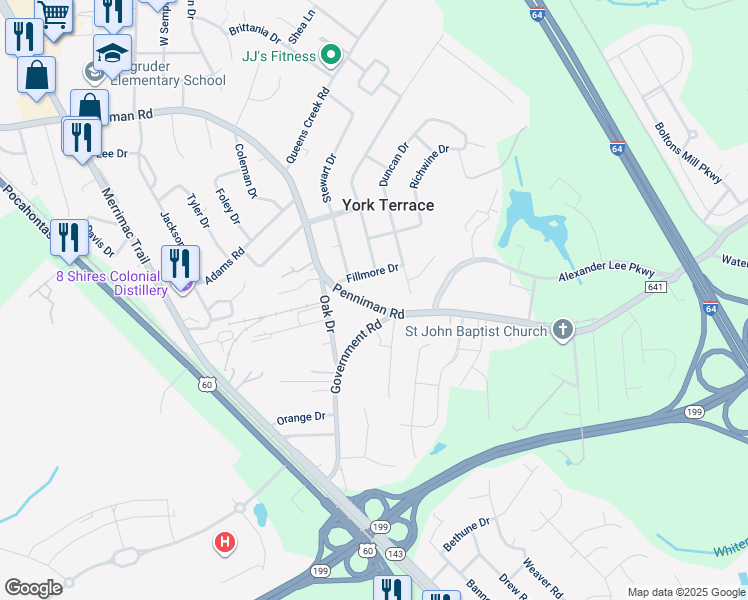 map of restaurants, bars, coffee shops, grocery stores, and more near 1226 Penniman Road in Williamsburg
