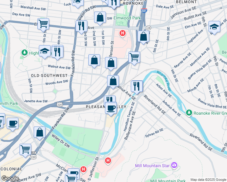 map of restaurants, bars, coffee shops, grocery stores, and more near 1402 Jefferson Street Southeast in Roanoke