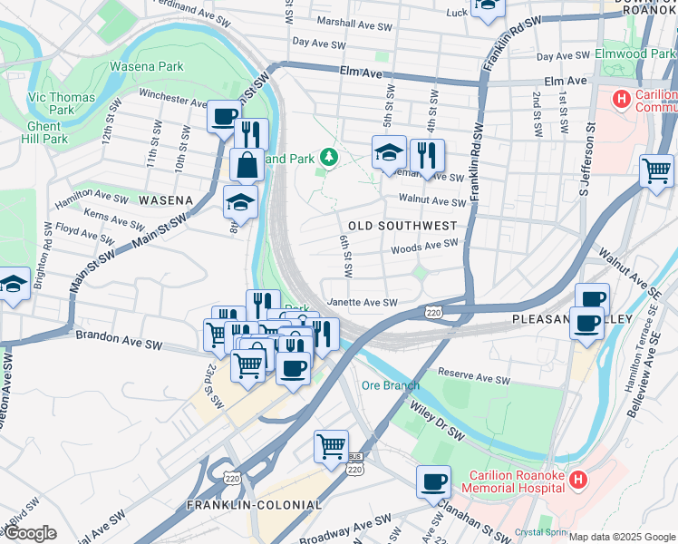 map of restaurants, bars, coffee shops, grocery stores, and more near 601 King George Avenue Southwest in Roanoke
