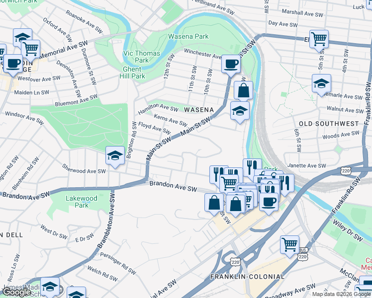map of restaurants, bars, coffee shops, grocery stores, and more near 827 Welton Avenue Southwest in Roanoke