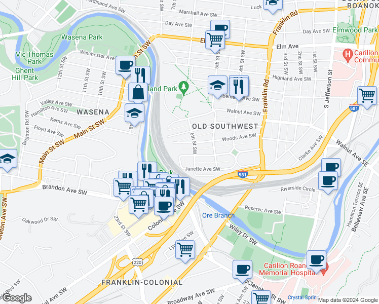 map of restaurants, bars, coffee shops, grocery stores, and more near 601 King George Avenue Southwest in Roanoke