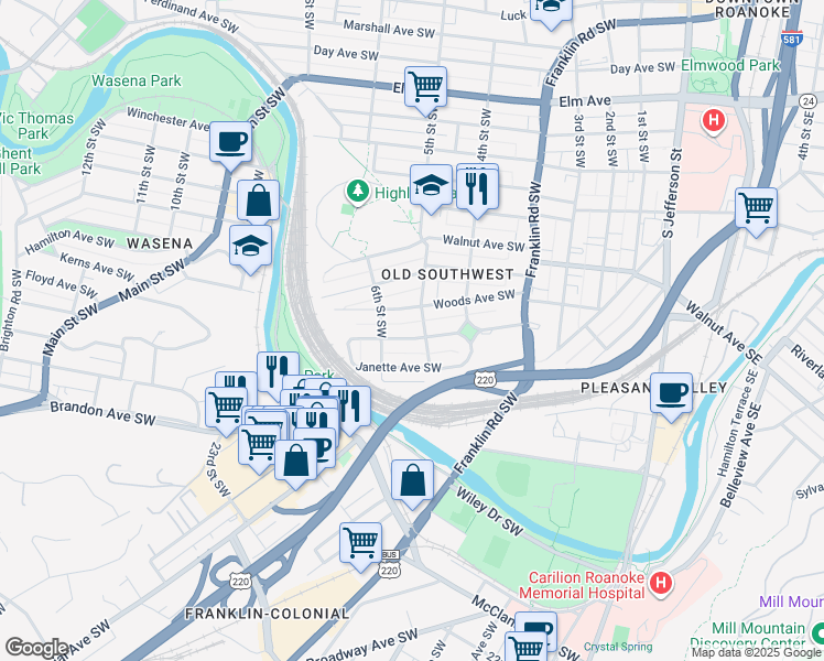 map of restaurants, bars, coffee shops, grocery stores, and more near 509 King George Avenue Southwest in Roanoke