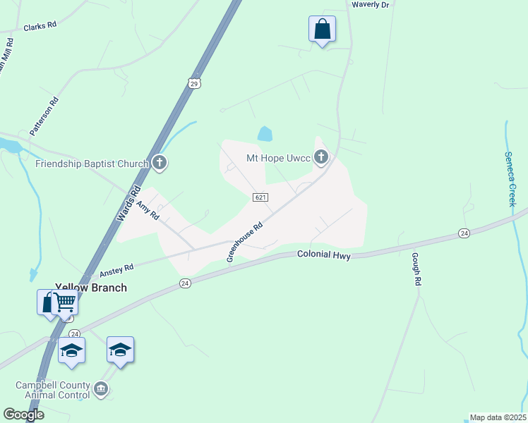 map of restaurants, bars, coffee shops, grocery stores, and more near 1451 Greenhouse Road in Rustburg