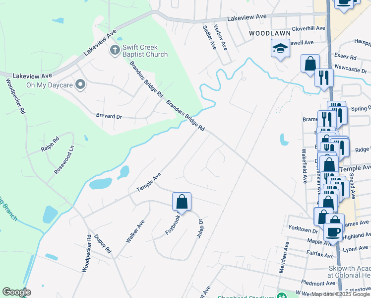 map of restaurants, bars, coffee shops, grocery stores, and more near 19203 Temple Avenue in Colonial Heights