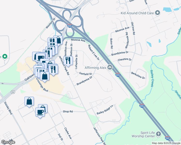 map of restaurants, bars, coffee shops, grocery stores, and more near 4800 Garfield Street in Hopewell