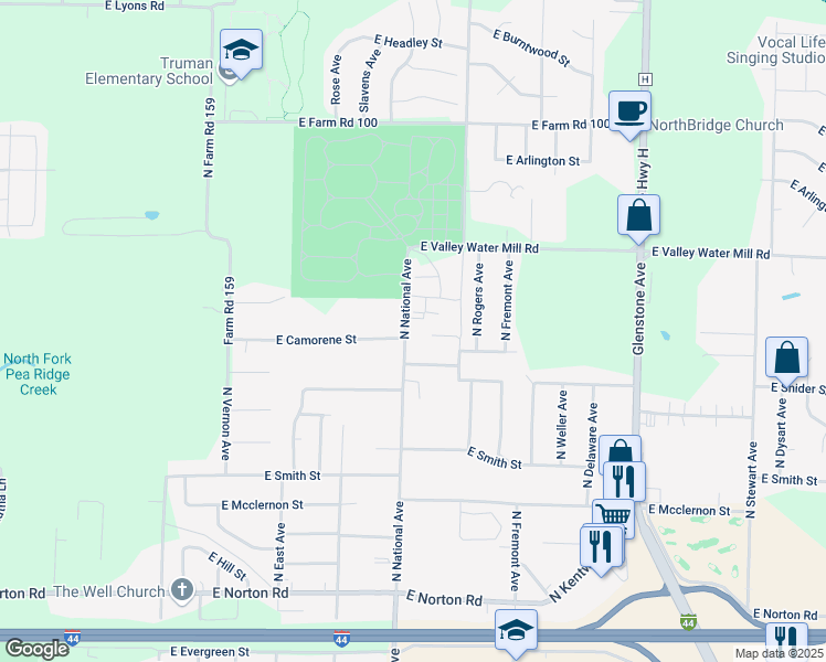 map of restaurants, bars, coffee shops, grocery stores, and more near 1227 East Camorene Street in Springfield