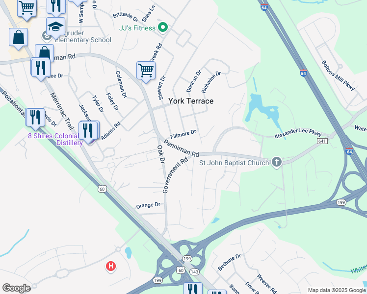 map of restaurants, bars, coffee shops, grocery stores, and more near 1226 Penniman Road in Williamsburg