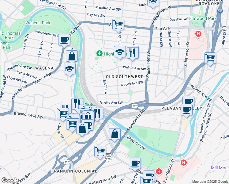 map of restaurants, bars, coffee shops, grocery stores, and more near 510 Woods Avenue Southwest in Roanoke