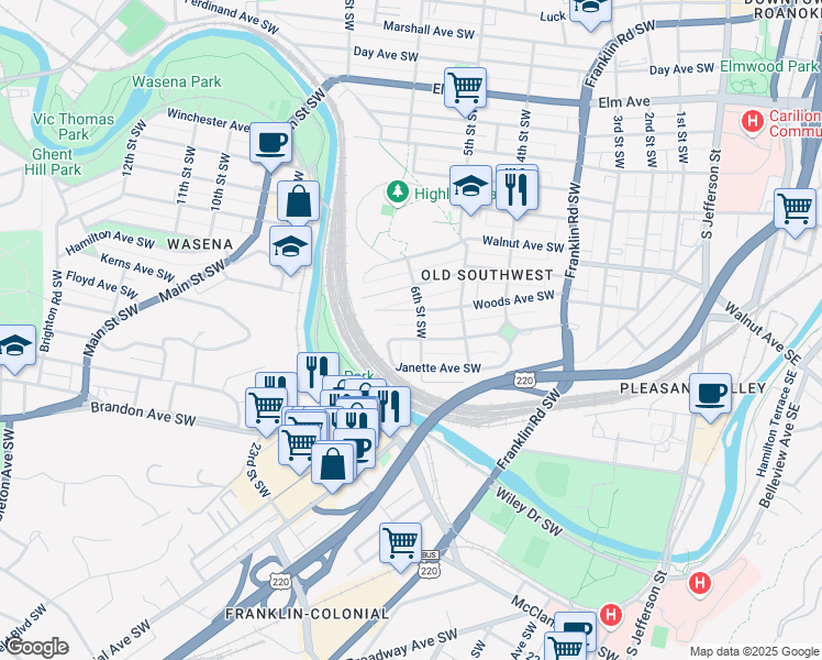 map of restaurants, bars, coffee shops, grocery stores, and more near 606 Woods Avenue Southwest in Roanoke