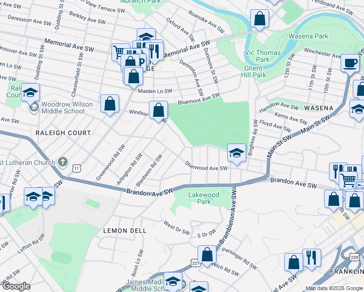 map of restaurants, bars, coffee shops, grocery stores, and more near 1622 Windsor Avenue Southwest in Roanoke