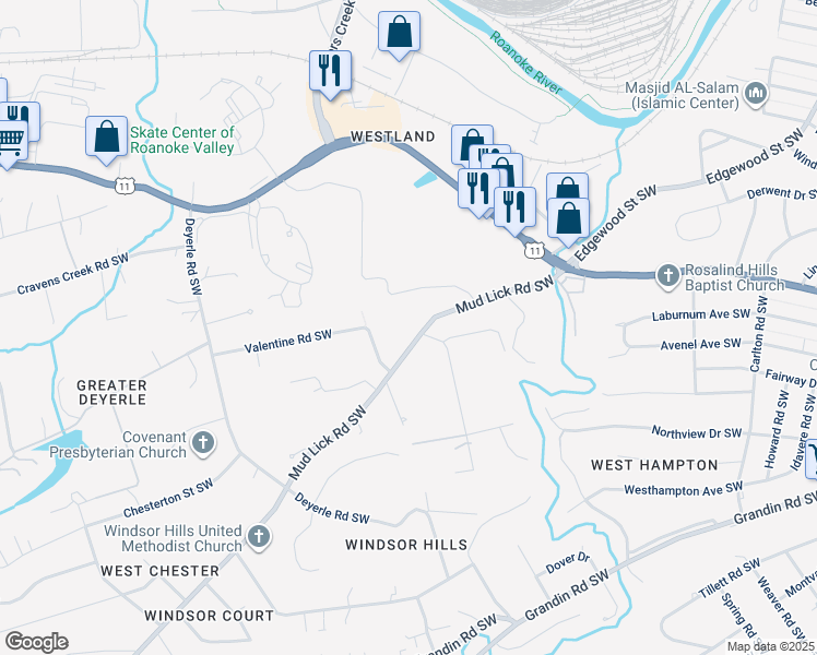 map of restaurants, bars, coffee shops, grocery stores, and more near 3307 Mud Lick Road Southwest in Roanoke