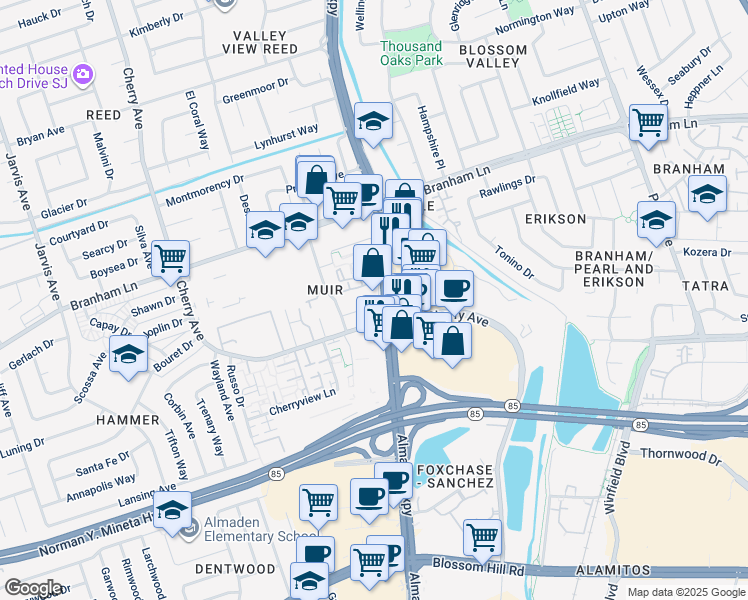 map of restaurants, bars, coffee shops, grocery stores, and more near 1125 Luchessi Drive in San Jose